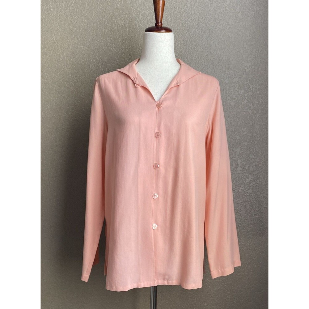 August Silk 100% Silk Peach Blouse Women's M Button Front Long Sleeve Washable